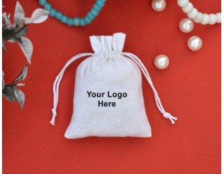 Designer White Drawstring Pouch, Personalized Logo Printed Wedding Favor Bag