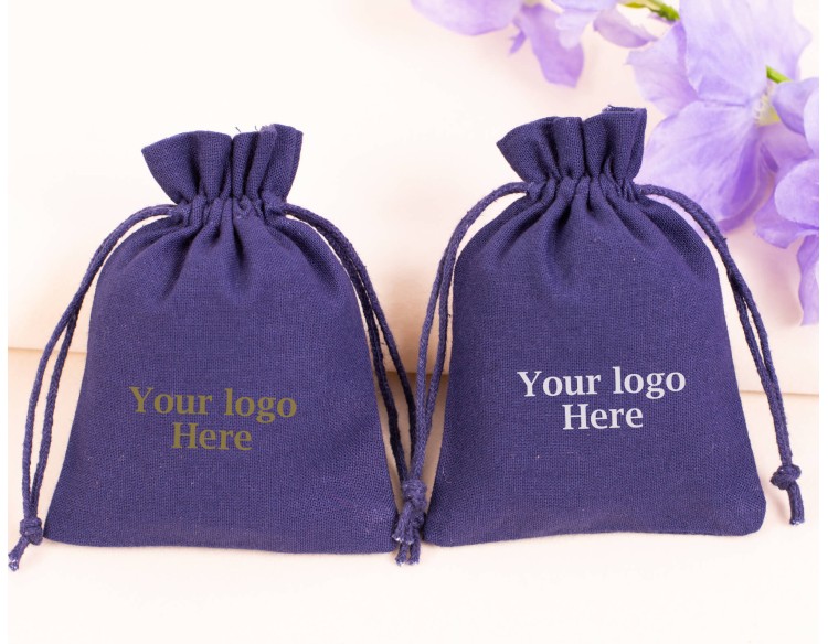 100 Blue Cotton Drawstring Pouches For Jewelry Packaging, Product Gift Packing With Brand Logo Print