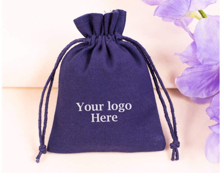 100 Blue Cotton Drawstring Pouches For Jewelry Packaging, Product Gift Packing With Brand Logo Print