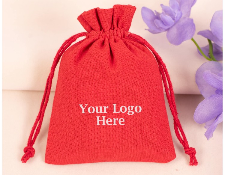 100 Red Cotton Drawstring Pouches For Jewelry Packaging With Brand Logo Print