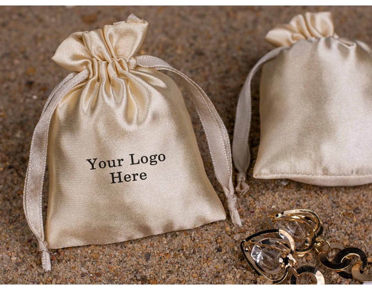 100 Beige Satin Drawstring Pouch Jewelry Packaging Pouch Custom Product Packaging Bag With Logo