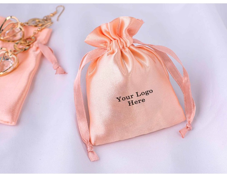 Peach Satin Pouch With Logo Drawstring Pouch Jewelry Packaging Pouch - Bagwalas