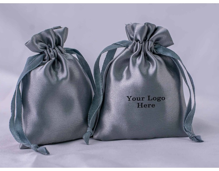 100 Dark Gray Satin Fabric Custom Jewelry Pouch With Logo, Small Drawstring Bag, Wedding Favor Pouch