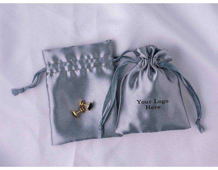 100 Dark Gray Satin Fabric Custom Jewelry Pouch With Logo, Small Drawstring Bag, Wedding Favor Pouch