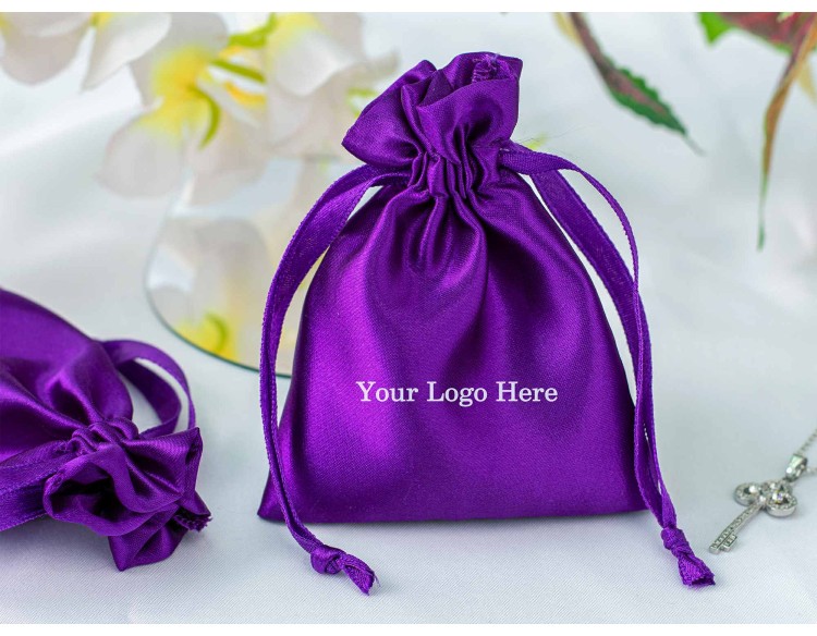 100 Purple Custom Jewelry Pouch With Logo Small Drawstring Bag (Satin Fabric)