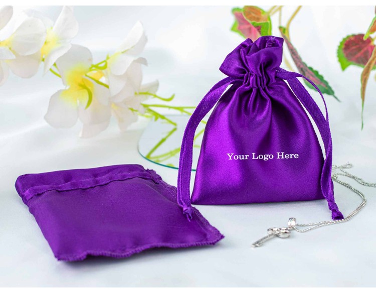 100 Purple Custom Jewelry Pouch With Logo Small Drawstring Bag (Satin Fabric)