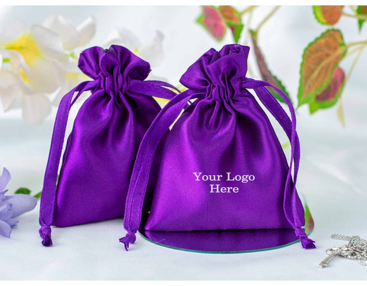 100 Purple Custom Jewelry Pouch With Logo Small Drawstring Bag (Satin Fabric)