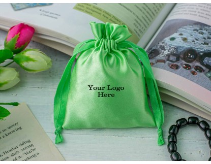 100 Parrot Green Satin Fabric Custom Drawstring Jewelry Pouch With Logo - Bagwalas