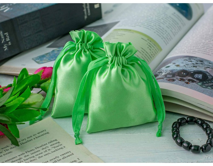 100 Parrot Green Satin Fabric Custom Drawstring Jewelry Pouch With Logo - Bagwalas