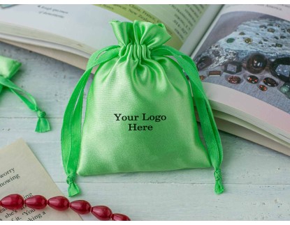 100 Parrot Green Satin Fabric Custom Drawstring Jewelry Pouch With Logo - Bagwalas