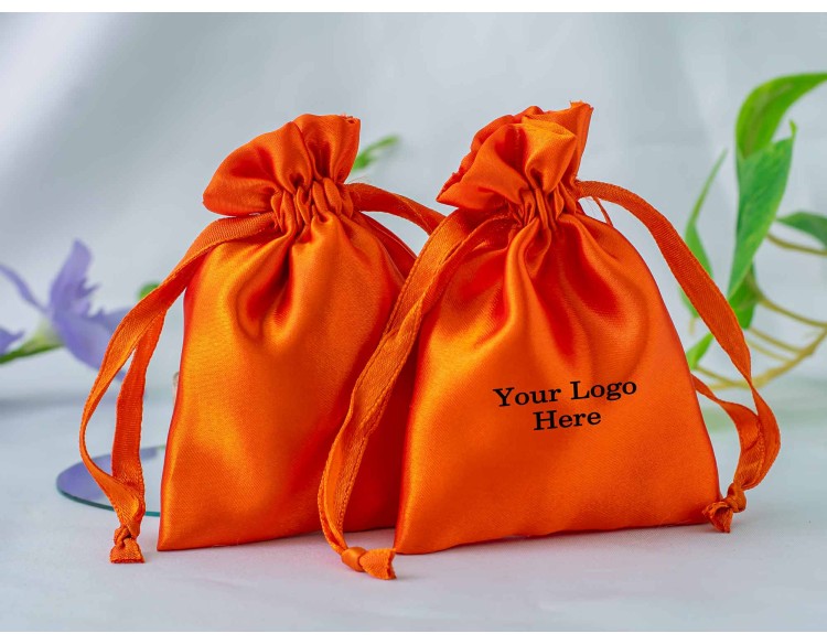 100 Orange Satin Drawstring Pouch Jewelry Packaging Pouch Custom Product Packaging Bag With Logo