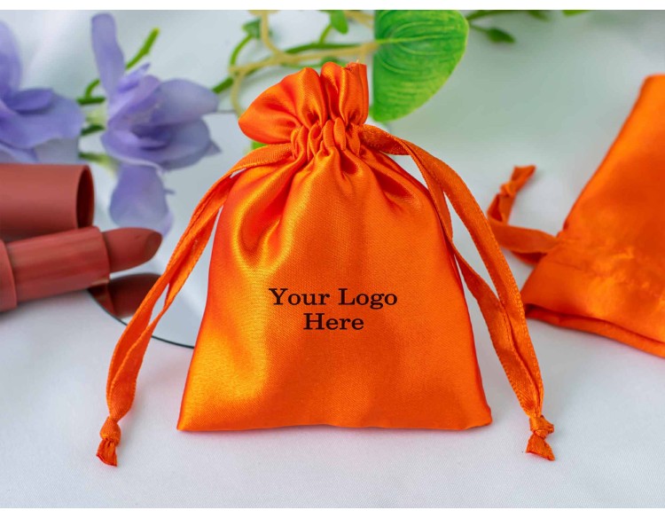 100 Orange Satin Drawstring Pouch Jewelry Packaging Pouch Custom Product Packaging Bag With Logo