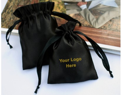 Pack Of 100 Black Satin Drawstring Jewelry Packaging Pouch, Custom Wedding Favor Bags With Logo (BG143)