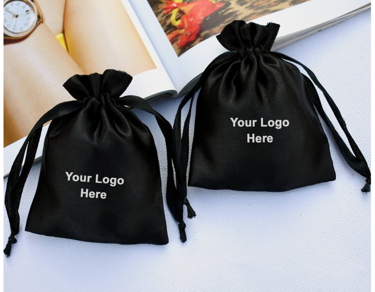 Pack Of 100 Black Satin Drawstring Jewelry Packaging Pouch, Custom Wedding Favor Bags With Logo (BG143)