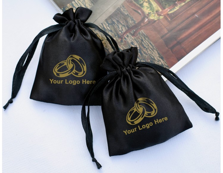 Pack Of 100 Black Satin Drawstring Jewelry Packaging Pouch, Custom Wedding Favor Bags With Logo (BG143)