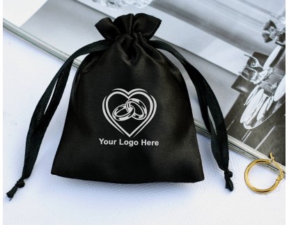 Pack Of 100 Black Satin Drawstring Jewelry Packaging Pouch, Custom Wedding Favor Bags With Logo (BG143)