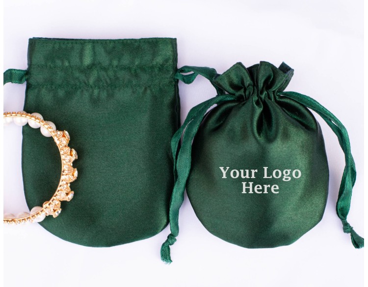 100 Round Green Satin Custom Jewelry Pouch With Logo, Small Drawstring Bag