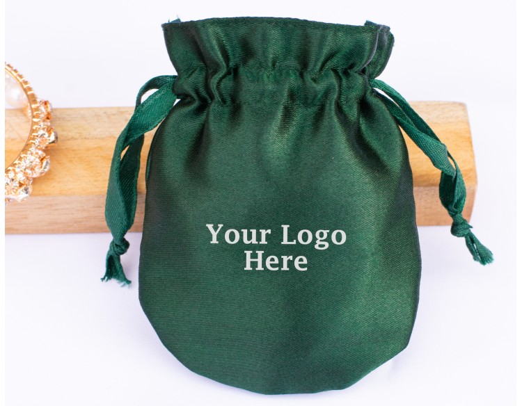 100 Round Green Satin Custom Jewelry Pouch With Logo, Small Drawstring Bag