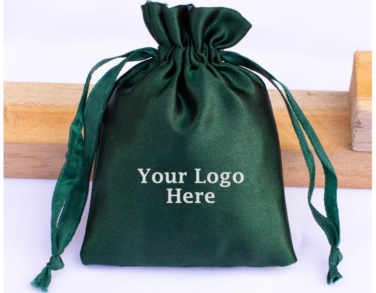 100 Dark Green Satin Fabric Custom Jewelry Pouch With Logo, Small Drawstring Bag, Wedding Favor Pouch