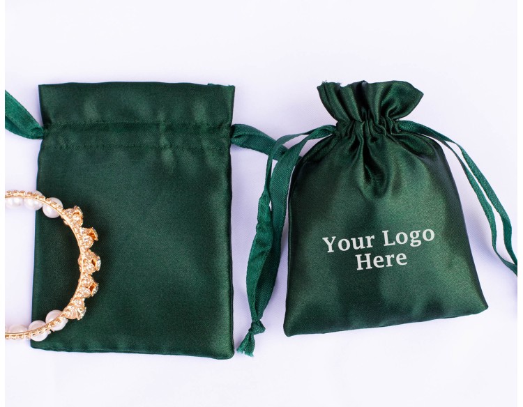 100 Dark Green Satin Fabric Custom Jewelry Pouch With Logo, Small Drawstring Bag, Wedding Favor Pouch