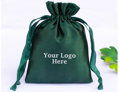 100 Dark Green Satin Fabric Custom Jewelry Pouch With Logo, Small Drawstring Bag, Wedding Favor Pouch