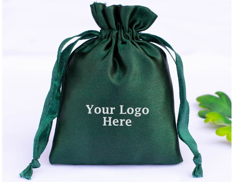 100 Dark Green Satin Fabric Custom Jewelry Pouch With Logo, Small Drawstring Bag, Wedding Favor Pouch