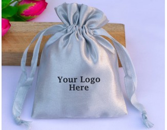 100 Gray Custom Jewelry Pouch With Logo Small Drawstring Bag (Satin Fabric)