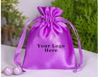 100 Light Purple Satin Fabric Custom Jewelry Pouch With Logo, Small Drawstring Bag, Wedding Favor Pouch