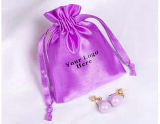 100 Light Purple Satin Fabric Custom Jewelry Pouch With Logo, Small Drawstring Bag, Wedding Favor Pouch