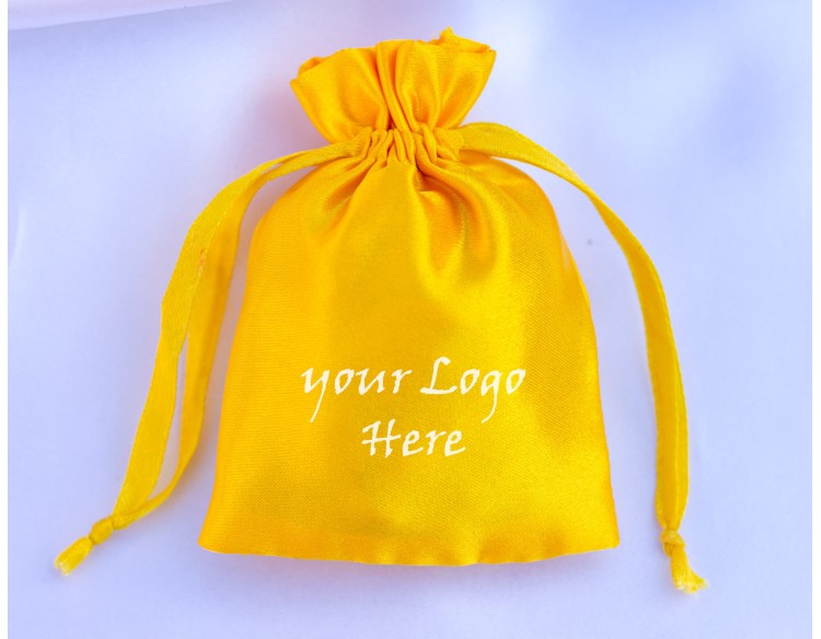 100 Yellow Satin Fabric Custom Jewelry Pouch With Logo, Small Drawstring Bag, Wedding Favor Pouch