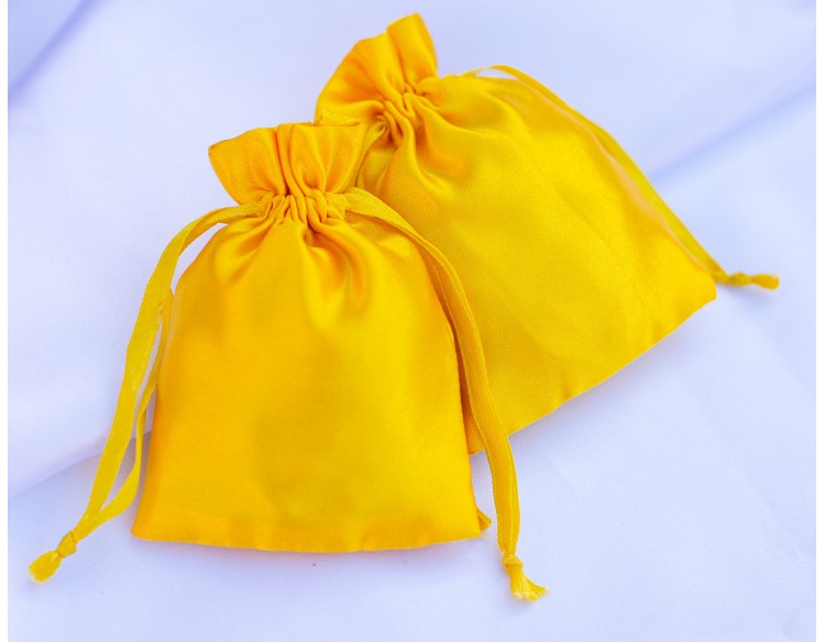 100 Yellow Satin Fabric Custom Jewelry Pouch With Logo, Small Drawstring Bag, Wedding Favor Pouch