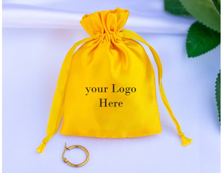 100 Yellow Satin Fabric Custom Jewelry Pouch With Logo, Small Drawstring Bag, Wedding Favor Pouch