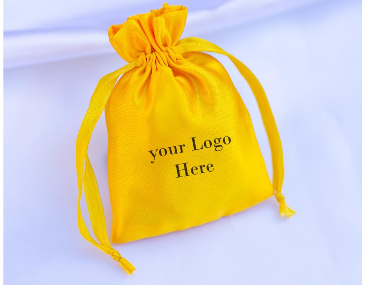 100 Yellow Satin Fabric Custom Jewelry Pouch With Logo, Small Drawstring Bag, Wedding Favor Pouch