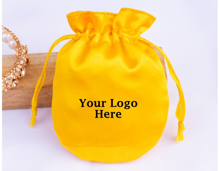 100 Yellow Round Satin Fabric Custom Jewelry Pouch With Logo, Small Drawstring Bag, Wedding Favor Pouch