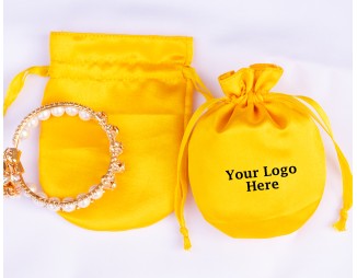 100 Yellow Round Satin Fabric Custom Jewelry Pouch With Logo, Small Drawstring Bag, Wedding Favor Pouch