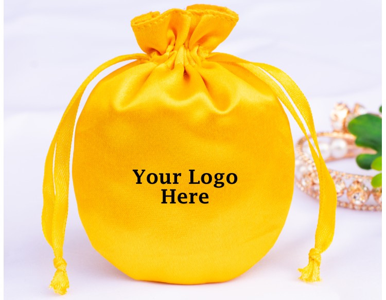 100 Yellow Round Satin Fabric Custom Jewelry Pouch With Logo, Small Drawstring Bag, Wedding Favor Pouch