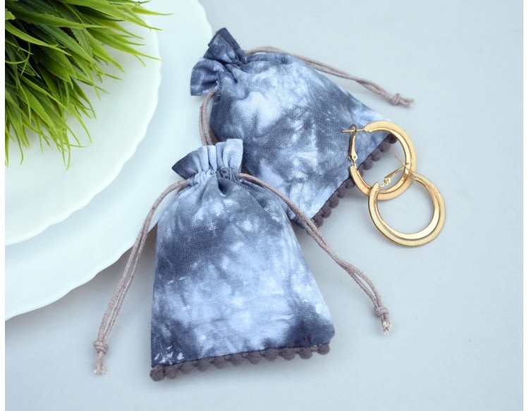 Black Tie Dye Custom Jewelry Pouch, Wedding Favor Bag, Cotton Drawstring Pouch