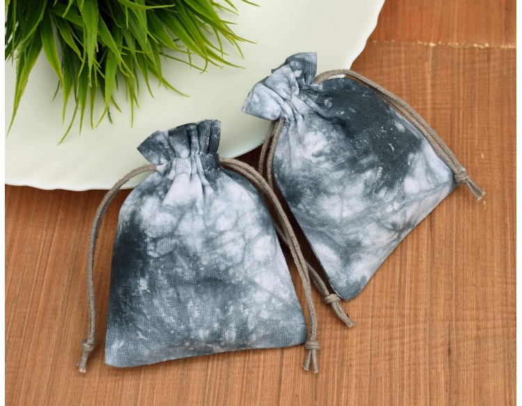 Grey Tie Dye Custom Logo Jewelry Pouch, Wedding Favor Bag, Cotton Drawstring Pouch