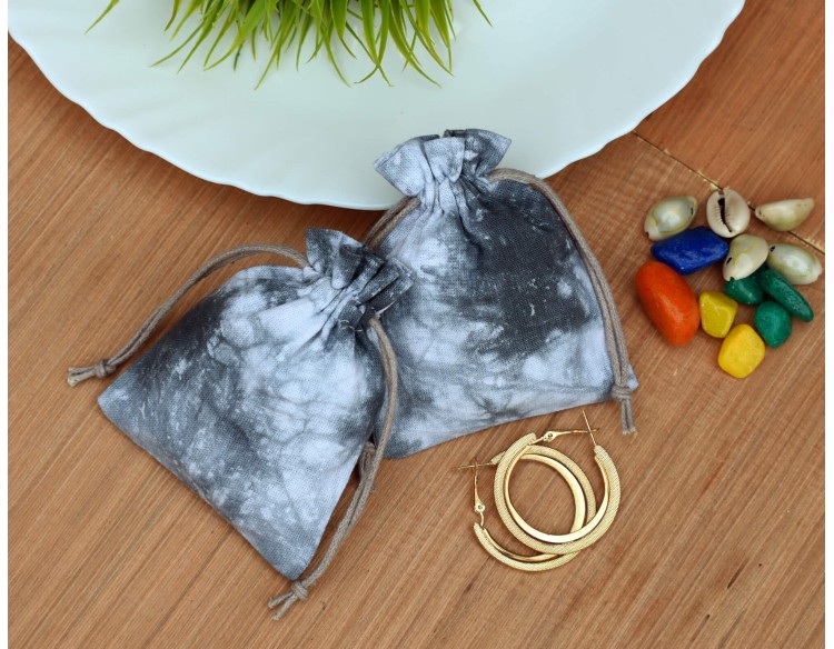 Grey Tie Dye Custom Logo Jewelry Pouch, Wedding Favor Bag, Cotton Drawstring Pouch