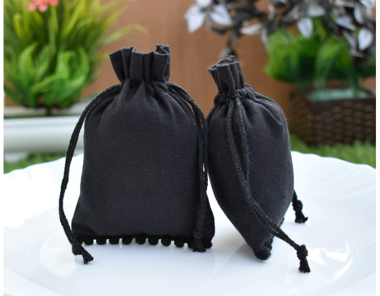 Designer Black Drawstring Pouch, Custom Jewelry Pouch, Wedding Favor Bag