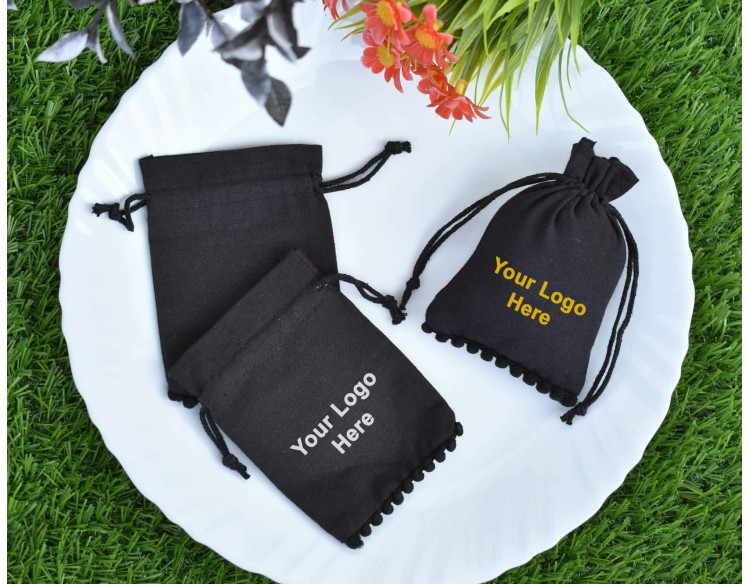 Designer Black Drawstring Pouch, Custom Jewelry Pouch, Wedding Favor Bag