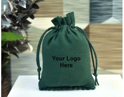 Designer Green Cotton Drawstring Pouch, Custom  Jewellery Package, Wedding Favor Bag