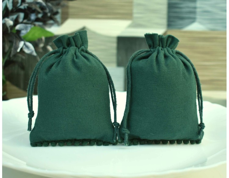 Designer Green Cotton Drawstring Pouch, Custom  Jewellery Package, Wedding Favor Bag