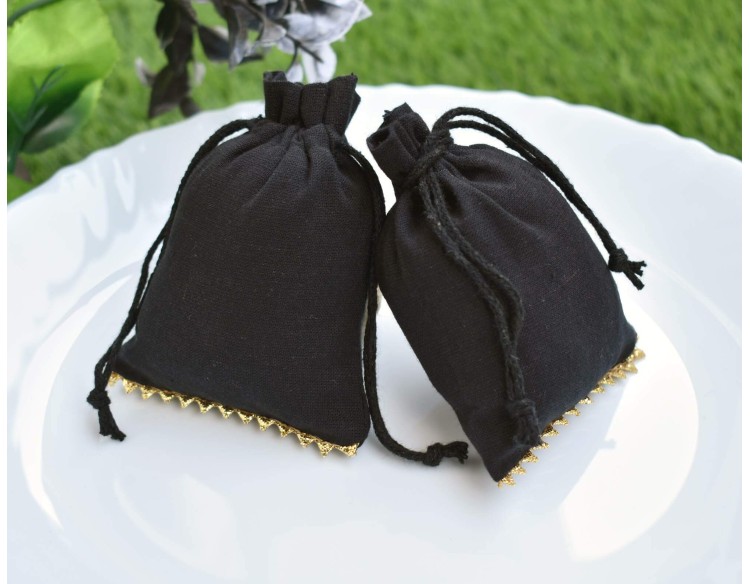 Designer Black Drawstring Pouch, Custom Cotton Jewelry Package, Wedding Favor Bag