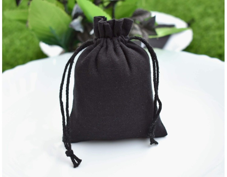 Designer Black Drawstring Pouch, Custom Cotton Jewelry Package, Wedding Favor Bag