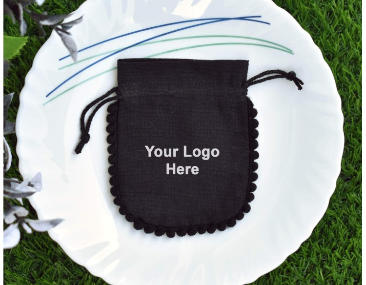 Designer Black Custom Drawstring Pouch, Cotton Jewelry Package, Wedding Favor Bag