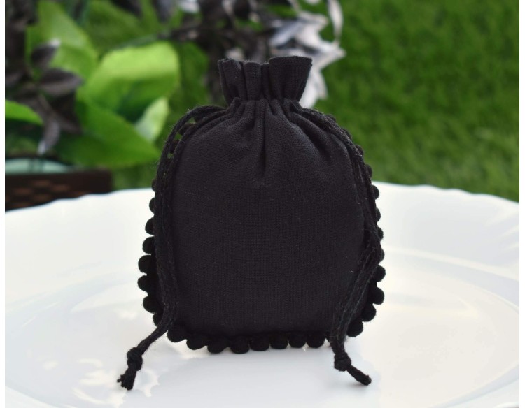 Designer Black Custom Drawstring Pouch, Cotton Jewelry Package, Wedding Favor Bag