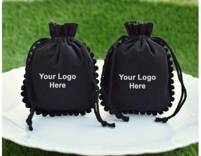 Designer Black Custom Drawstring Pouch, Cotton Jewelry Package, Wedding Favor Bag