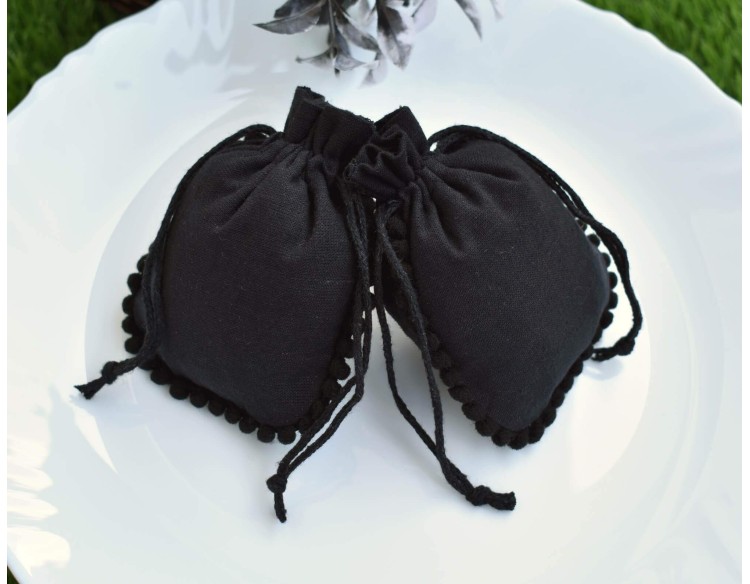 Designer Black Custom Drawstring Pouch, Cotton Jewelry Package, Wedding Favor Bag