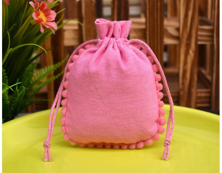 Pink Designer Cotton Drawstring Pouch, Cotton Jewellery Package, Custom Wedding Favor Bag